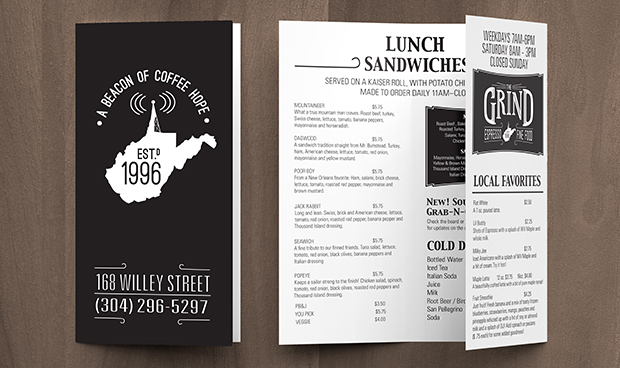 Grind WV trifold brochure menu